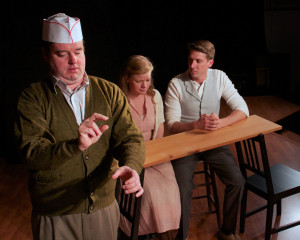 Stephen Loch as the Stage Manager, Rachel Curtiss as Emily and Mike Maggio as George in Our Town.
